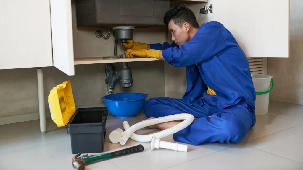 A plumber in blue overalls and yellow gloves sits on a kitchen floor, working on the pipes underneath a sink. A black toolbox, a hammer, and various white plumbing tubes are scattered on the floor around him.