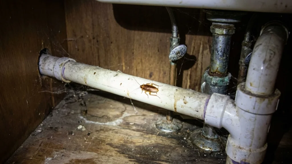 A large, live cockroach crawls along a white PVC pipe under a kitchen sink. The wooden cabinet interior is dark and shows signs of grime, cobwebs, and moisture damage around the metal plumbing fixtures.