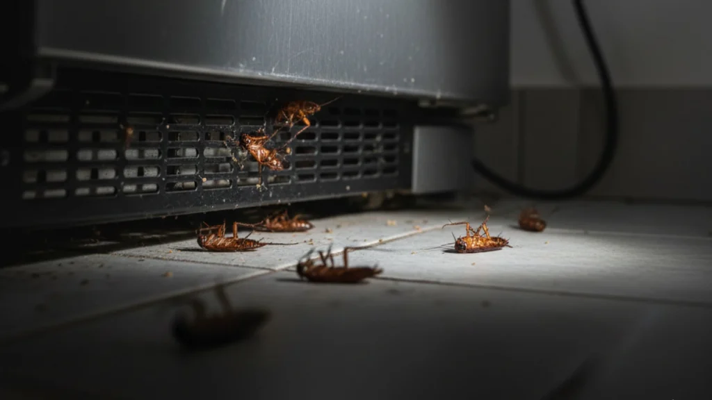 A close-up, low-angle shot of several dead cockroaches lying on a tiled floor and stuck in the ventilation grate of a dark grey kitchen appliance. The lighting is dramatic, casting deep shadows across the floor.