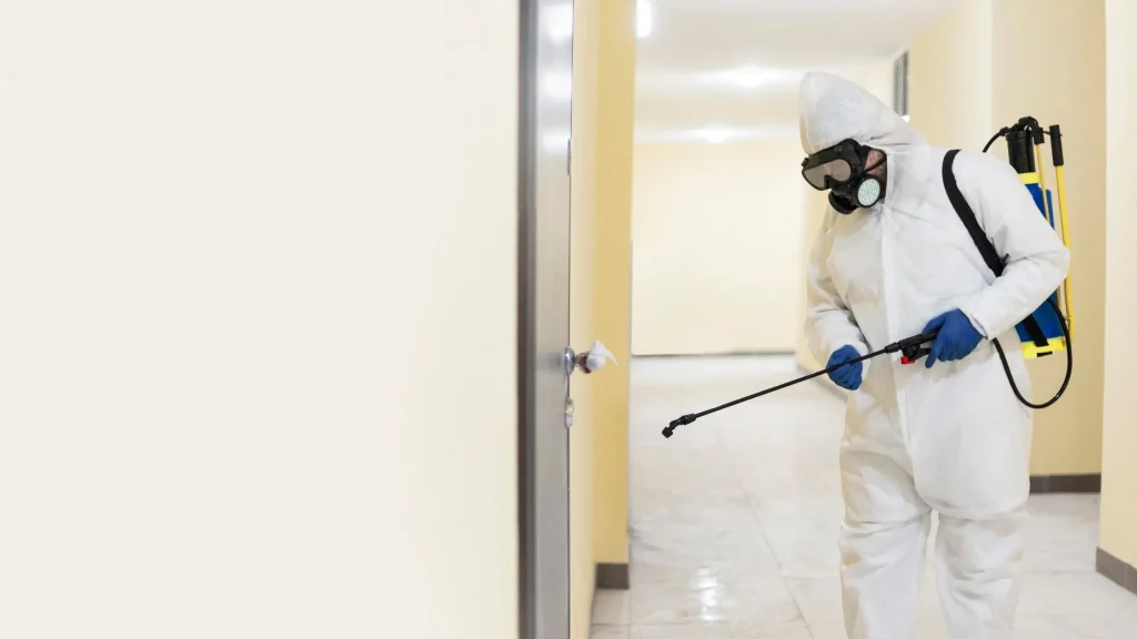 A person dressed in a complete white protective hazmat suit, respirator mask, goggles, and gloves uses a handheld sprayer nozzle connected to a blue and yellow backpack tank to spray a liquid onto a doorknob in a brightly lit hallway.