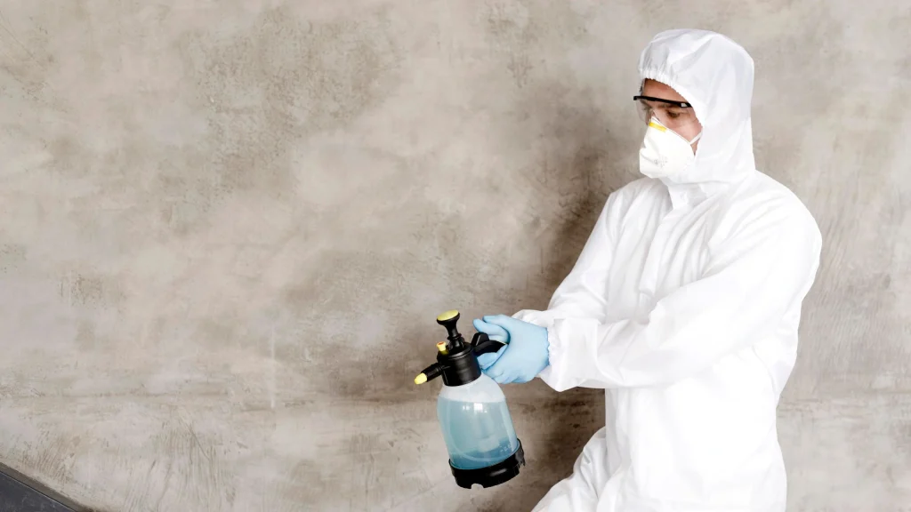 A person in a white hazmat suit, mask, and goggles holding a manual pump sprayer with blue liquid against a grey concrete wall.