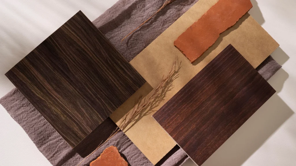 A flat-lay mood board featuring two square wood samples, two broken pieces of terracotta stone, and dried grass stems on a linen background with a sharp diagonal shadow.